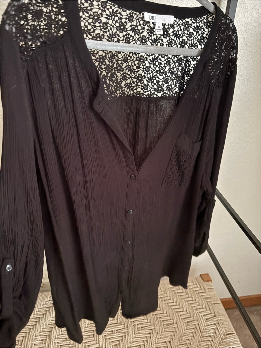 DR2 Black Lace-Yoke Button-Front Women's Shirt